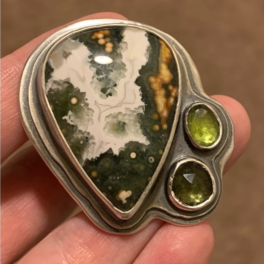 Size 8. Beautiful handmade ring. Ocean Jasper, peridot, moldavite.